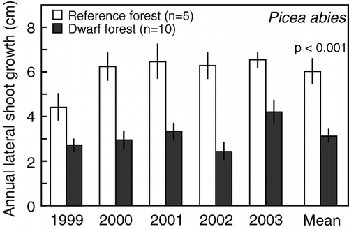 FIGURE 9.  The annual length growth of lateral shoots in reference and dwarfed Picea abies trees for 5 years at Creux du Van