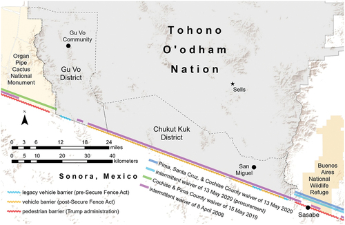 Figure 1. The Tohono O’odham Nation and the U.S.-Mexico border, 2022. Map by the author. Data sources: ESRI, USGS, NOAA, NPS, FWS, U.S. Census. Barrier locations based on Baker (Citation2013) and Traphagen (Citation2021). For full view of traditional territory and the current reservation boundaries (see Erickson Citation1994, 17; and; Madsen Citation2014a, 54). See color version online.