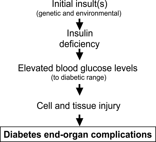 Figure 1 The linear pathway leading from insulin deficiency, through hyperglycemia to diabetes complications.