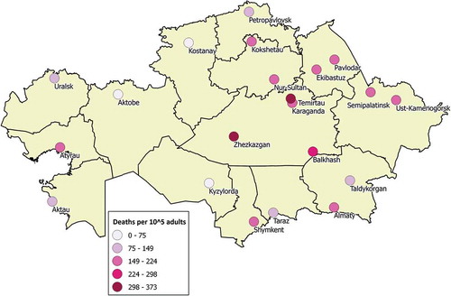 Figure 10. Mortality rate attributable to ambient air pollution (per 105 adults) by cities of Kazakhstan