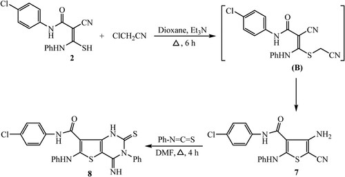 Scheme 3. Synthesis of 4-amino-5-cyanothiophene analogue 7 and its congruous theino[3,2-d]pyrimidine derivative 8.