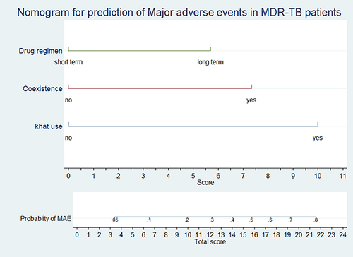 Figure 3 Risk score for the individualized prediction of AEs among MDR TB patients in Southern Ethiopia, 2014–2019 (N=329).