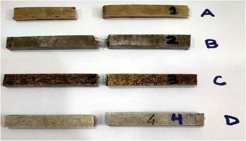 Figure 2. A: Polyester, B: Polyester + fly ash + human hair, C: Polyester + rice husk + human hair and D: Polyester + marble dust + human hair.