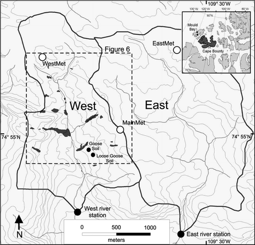 Figure 1 Study area at Cape Bounty, Melville Island (regional location in Canadian Arctic shown in inset). Watershed boundaries are shown by heavy black lines and locations of river gauging stations and MainMet are indicated. The extent of active layer detachments (ALDs) mapped in late July 2007 are shown in black. Outline of map in Figure 6 is indicated by dashed rectangle. Contour interval is 10 m (base map prepared from NTS 1∶50 000 map 78F/15).