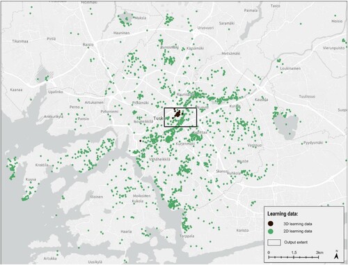 Figure 4. Learning data from city of Turku and the output extent.