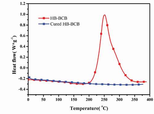 Figure 4. DSC curves of HB-BCB and cured HB-BCB