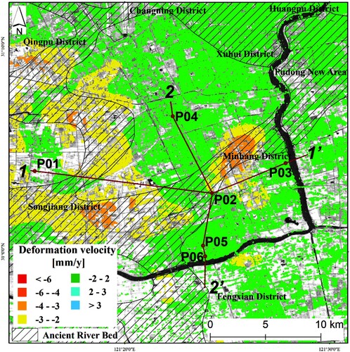 Figure 12. The decomposed velocity of the two datasets overlapped and distribution of the Ancient River Bed in the latest Pleistocene in Minhang District, and a mark of line 1-1’ and 2-2’.