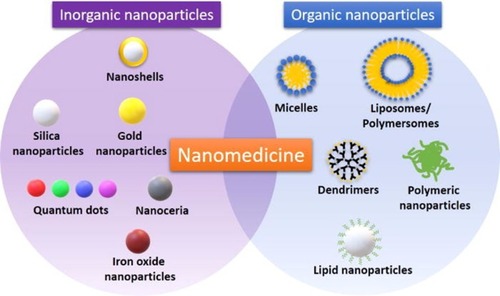 Figure 3 Classes of inorganic and organic nanoparticles used in diagnosis and treatment of cancer (teranostics).Notes: Reproduced with permission from Martinelli C, Pucci C, Ciofani G. Nanostructured carriers as innovative tools for cancer diagnosis and therapy. APL Bioeng. 2019;3(1):011502.Citation54