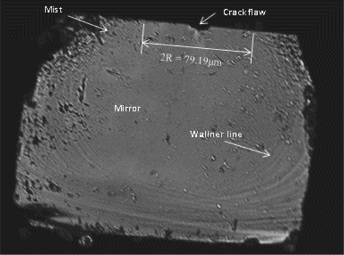 Figure 3. Fracture surface II (mirror radius (R) = 39.595 µm; fracture stress = 301.72 MPa).