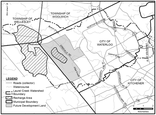 Figure 3. Location of the Laurel Creek Watershed and City of Waterloo west side development areas on the Waterloo Moraine.