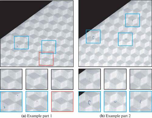 Figure 9. Two parts of dataset B with view on the same section. Defect-wise true positives (blue rectangulars) and false positives (red rectangular) detected by the FCN are superimposed. At pixel level, blue pixels indicate true positive predictions, red pixels indicate false positives and purple pixels indicate false negatives.