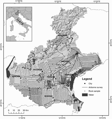 Figure 2. The locations of the collected rock samples and the effective flight lines: the maximum line spacing is approximately 2.5 km.