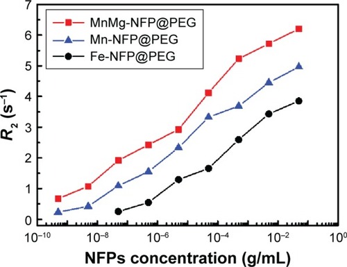 Figure 3 Transverse relaxation (R2) rate of all the NFPs@PEG depending on the concentration.Note: The R2 rate was measured by the miniaturized NMR system.Abbreviations: NFP, nanoferrite particle; PEG, polyethylene glycol; NMR, nuclear magnetic resonance.