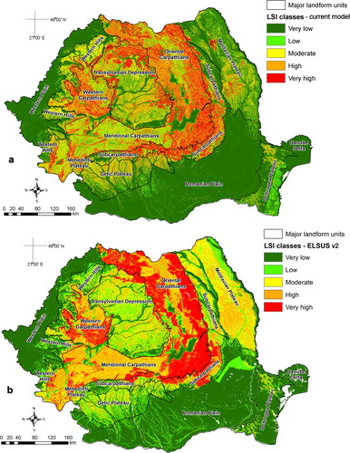 Figure 6. Map of landslide susceptibility classes in Romania according to current model (a) and Wilde et al. (Citation2018) (b).