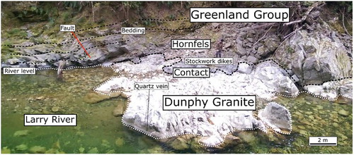 Figure 3. The contact between Greenland Group and the Dunphy Granite is exposed in the Arawau/Larry River gorge at E1515513 N5345537 (see Figure 2).