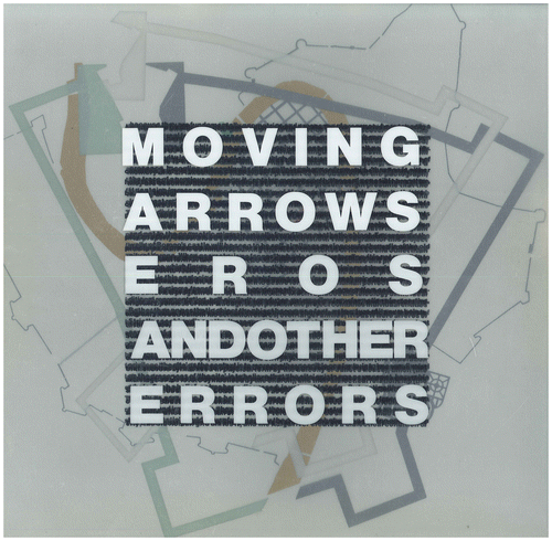 Figure 3 Front cover of Peter Eisenman’s Moving Arrow Eros andother Errors (1986). The image is of the first twelve pages; the pages are printed on transparent acetate and so all are visible at once. Pages four to nine are text, which provides the black background to the title, which is spread over the first three pages. © Architectural Association Publications, Architectural Association School.