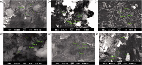 Figure 4. SEM micrographs of prunosynthetic silver nanoparticles synthesized with reducing agents from P. cerasifera, time variation (a) DIBSNPs, (b) SLEBSNPs, PCFE conc. Variation, (c) DIBSNPs, (d) SLEBSNPs, temperature variation, (e) DIBSNPs and (f) SLEBSNPs.