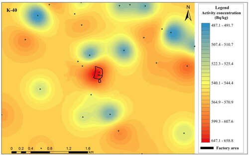 Figure 5. Geo-Spatial distribution of 40K in the soils of the study area.