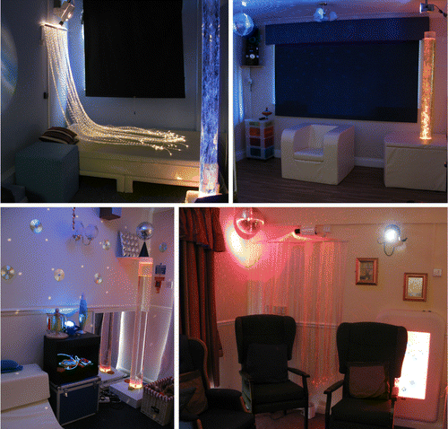 Figure 1 Examples of existing MSEs in care-homes visited during the study. The rooms feature typical MSE equipment such as bubble column, fibre-optic strands, projector with rotating image wheel, glitter/disco ball