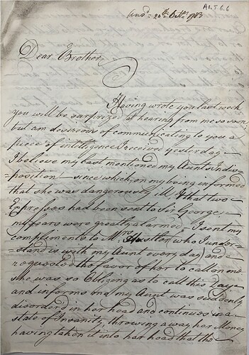 Figure 2. Letter from Charlotte Winn to Rowland Winn, 17th October 1783. West Yorkshire Archive Service, WYW1352/1/1/5/6/6.