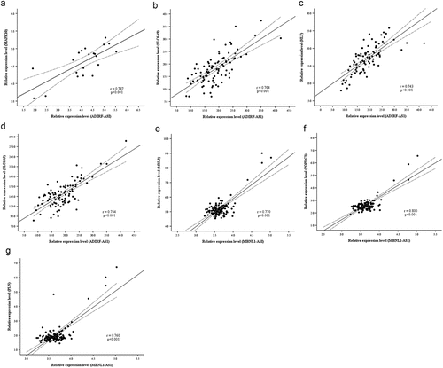 Figure 4. Linear regression of ceRNAs’ expression level. Dashed lines represent 95% confidence interval. (a) ADIRF-AS1 vs MAPK10 (hypertrophic cardiomyopathy, n = 22). (b) ADIRF-AS1 vs SLC6A9 (systemic sclerosis, n = 91). (c) ADIRF-AS1 vs HLF (systemic sclerosis, n = 91). (d) ADIRF-AS1 vs AHNAK2 (systemic sclerosis, n = 91). (e) MBNL1-AS1 vs MYL3 (liver fibrosis, n = 124). (E) MBNL1-AS1 vs POPDC3 (liver fibrosis, n = 124). (f) MBNL1-AS1 vs PLN (liver fibrosis, n = 124).