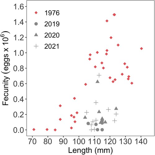 Figure 7. Fecundity (number of eggs x 106) vs length (mm) of Haliotis iris in Peraki Bay, Banks Peninsula, New Zealand in February 1976 (n = 35), November 2019 (n = 7), November 2020 (n = 9), and March 2021 (n = 11).