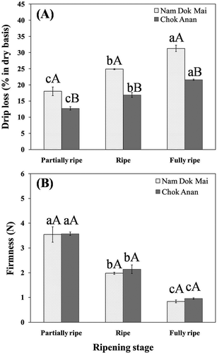 Figure 2 Changes in frozen-thawed mango drip loss (a) and fruit firmness (b) of Nam Dok Mai and Chok Anan at various ripening stages. Means with the different letters (a–c) are significantly different (DMRT's test: P ≤ 0.05) between ripening stages. Mean with the different letters (A–B) are significantly different (ANOVA test: P ≤ 0.05) between cultivars.