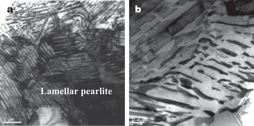 Figure 19. Bright field TEM micrograph of Nb-microalloyed steels processed at (a) low (or normal) cooling rate showing lamellar pearlite structure and (b) intermediate cooling rate showing degenerate pearlite structure (adapted from reference [Citation37]).