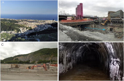 Figure 4. Anthropogenic landforms (after CitationRosenbaum et al., 2003) along Bisagno stream catchment. In (A) the urban area of Bisagno Catchment with its high building density. In foreground Staglieno (1) and Marassi neighborhood (2). On background the Foce (the mouth) and the Ligurian Sea (3). In (B) the present excavation for reconstruction work of the Bisagno culvert. In (C) the Molassana quarry, the lithotype is marly limestones. In (D) an air-raid shelter of II World War in Bisagno Stream catchment.