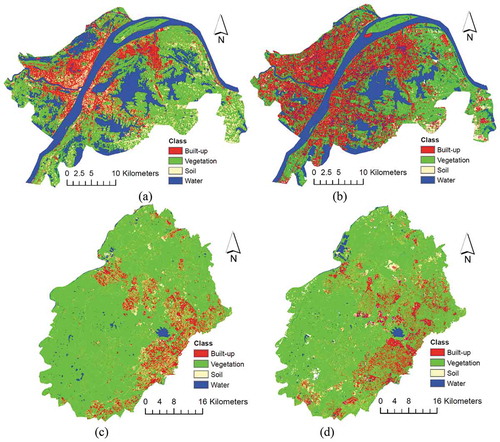 Figure 4. Comparisons of SRM results in Wuhan from year 1987 (a) to 2017 (b) and in Sydney from 1988 (c) left to 2017 (d).