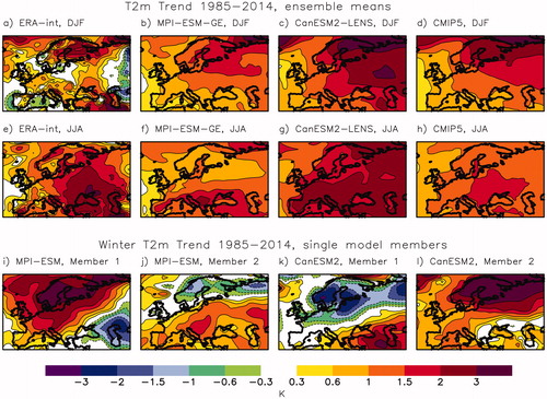 Fig. 1. Winter (DJF average) and summer (JJA average) two-meter air temperature (T2m) trends in ERA-interim data (a, e), the ensemble means of MPI-ESM-GE (b, f), CanESM2-LENS (c, g) and CMIP5 (d, h) in the period 1985–2014. The lower row (i-l) shows the winter T2m trends in single ensemble members of MPI-ESM-GE and CanESM2-LENS. Shown are trends in Kelvin per 30 years. Note that the color-scale is not linear.