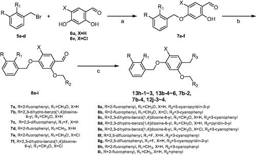 Scheme 1. Synthesis of compounds 13h-1–3, 13b-4–6, 7b-2, 7b-4, 12j-3–4. Reagents and conditions: (a) K2CO3, NaI, DMF, 60 °C, 2 h, 35%−55%; (b) Cs2CO3, DMF, 60 °C, 2 h, 60%−80%; (c) appropriate amine, HOAc, NaBH3CN, DMF, rt, overnight, 10%−40%.