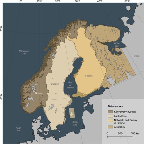 Figure 1. Data source and coverage for high-resolution elevation data used in this study. Mapping was restricted to indicated onshore areas. Grey onshore areas have not been mapped. Note larger gaps in Norway and Russian Karelia. Also note that ArcticDEM is a DSM comprising vegetation, whereas LiDAR-derived DEMs for Norway, Sweden and Finland are DTMs that show the bare earth surface. Offshore areas (darker shades for each colour) are not considered in this study.