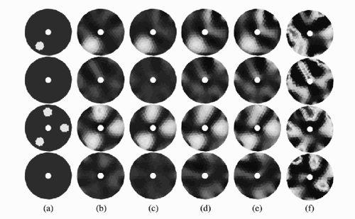 Figure 7 Reconstructed images for the first simulation with different noise level: (a) true target, (b) noise free reconstruction, (c) reconstruction with 0.5% noise, (d) reconstruction with 2.0% noise, (e) reconstruction with 3.0% noise, (f) reconstruction with 9.0% noise.