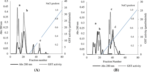 Figure 6. Elution profiles of glutathione transferase from the gut of (A) control R. phoenicis larva and (B) DDVP-treated R. phoenicis larva using ion exchange chromatography.