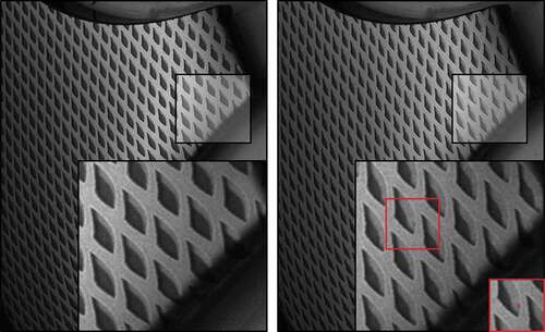 Figure 1. Surface images of two different samples used in the case study. Note that although the two images show the exact same sample region, significant appearance variations are recognizable. The reason is variations in the pattern primitives and slightly changed global pattern distortion and positioning. The right image shows a pixel-wise annotated defect.