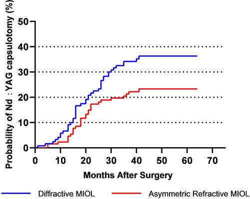 Figure 1 The probability of having Nd:YAG capsulotomy up to the time point t.