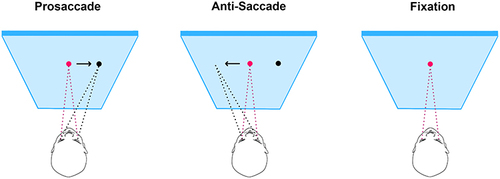 Figure 4 Depiction of a prosacadde, anti-saccade, and fixation task.