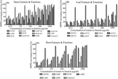 Figure 2. DPPH radical scavenging activity of plant extracts and fractions of C. lutea. Plant antioxidant activity was assessed via the percent inhibition (radical scavenging) of DPPH. Vitamin E was used as a positive control. (A) Stem, (B) leaf, and (C) root. Results are expressed as means ± SEM for three separate experiments at each concentration.