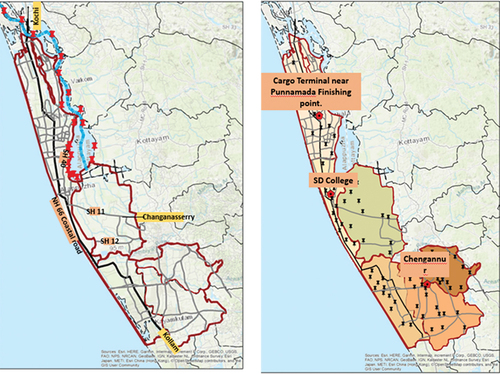 Figure 3. Road network (left) and relief camp density (right) maps in Alappuzha district.