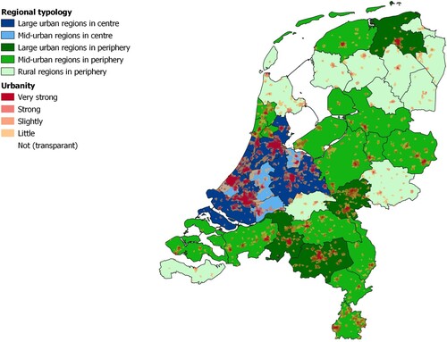 Figure 1. Map of regional typology of the Netherlands.Note: Readers of the print article can view the figures in colour online at https://doi.org/10.1080/00343404.2023.2231031Sources: Authors and CBS Statline.