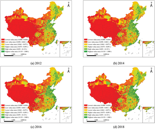 Figure 7. The spatial distributions of SDG 1 assessment values of China’s districts and counties in 2012, 2014, 2016, and 2018, respectively.