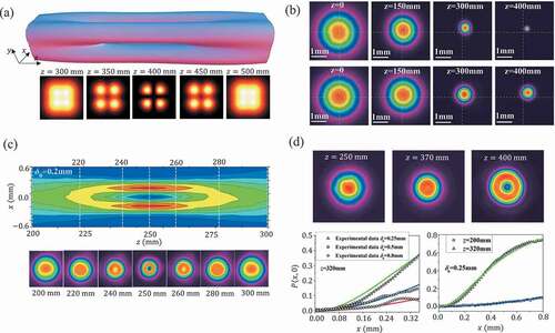 Figure 2. Partially coherent beam shaping with spatial coherence structure engineering. (a) Self-splitting and self-combining of a focused Hermite-Gaussian-correlated beam [Citation70]. (b) Self-steering of a phase-engineered partially coherent beam [Citation80]. (c) Optical cage formation with a focused Laguerre-Gaussian-correlated beam [Citation155]. (d) Evolution of the intensity and the degree of polarization for the specially correlated partially coherent vector beam during propagation [Citation97]