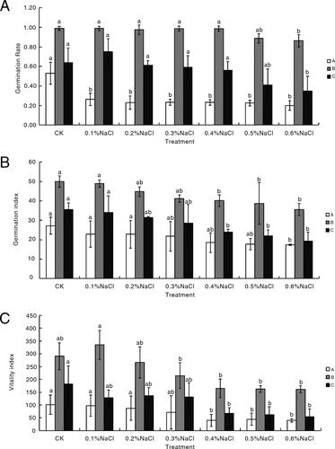 Figure 1. Variations in the germination rate (A), germination index (B) and vitality index (C) among three common bean varieties under different conditions. White, grey, and black represent P. vulgaris lines A, B and C, respectively. Significant differences are indicated by different lowercase letters (p < 0.05). The letters a and b indicate significant differences, and the differences between bars indicated by letters a and ab, ab and b are not statistically significant.