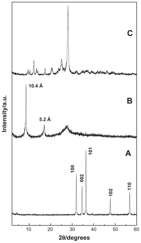 Figure 1 PXRD patterns of ZnO (A), EAN (B) and EA (C).Abbreviations: PXRD, powder X-ray diffraction; EA, ellagic acid; EAN, ellagic acid nanohybrid.