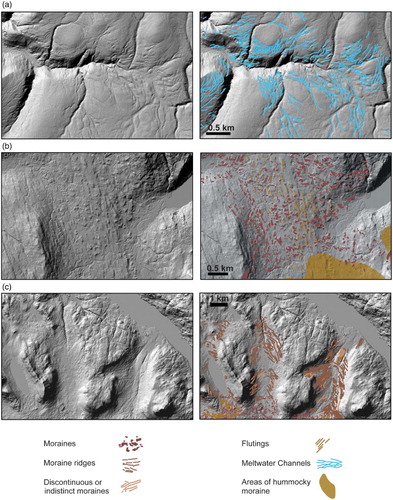 Figure 3. Examples of mapping from the GIS database showing (a) meltwater channels, Allt Gharbh Ghaig, Gaick, (after CitationSissons, 1974); (b) moraines, flutings and areas of hummocky moraine, Glen Sligachan, Isle of Skye (after CitationBenn et al., 1992); (c) moraine ridges and discontinuous moraines, Strath Lungard and Glen Grudie, Wester Ross (CitationBennett, 1991; CitationBennett & Boulton, 1993; CitationMcCormack, 2011). Legend has been modified slightly to aid identification of landforms. Underlying hill-shaded images were derived from NEXTMap DSM from Intermap Technologies Inc. provided by the NERC Earth Observation Data Centre.