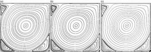 Figure 5. Streamlines in the two-dimensional cavity flow at for: (a) Case (I); (b) Case (II); (c) Case (III).