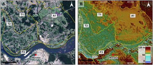 Figure 8. Geomorphic features of the terraces and paleo alluvial fan: (A and B) Regional relationship between fluvial terraces (T1 and T2), paleo alluvial fan and the fluvial plain, where an abrupt slope break marks the inner boundary of the proximal floodplain. Image A from Esri World Imagery, updated at Aug 8, 2019; Image B MERIT-DEM. Location in Figure 2.