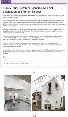 Figure 7. (a) Opening page of online surveys delivered in Bahasa Indonesia, (b) Example of housing designs by @duastudio architecture and design studio (duastudio, Citation2018) for online surveys.