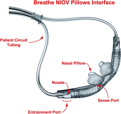 Figure 2.  Components of the nasal interface. With each of the two nasal pillows there is a sense port, entrainment port, and nozzle.